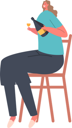 Mujer vierte bebida alcohólica en copa de vino  Ilustración