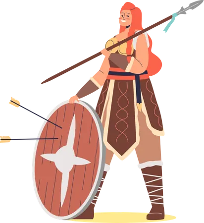 Mujer Vikinga Guerrera Barbara Con Pelo Rojo Sosteniendo Escudo Chica Medieval Escandinava Con Arma Tradicional Personaje De Dibujos Animados Nordicos Ilustracion De Vector Plano Ilustración