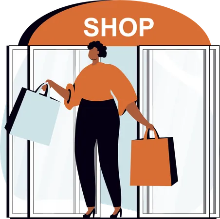 Mujer visitando tienda de ropa  Ilustración