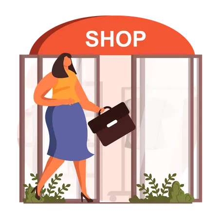 Mujer visitando tienda de ropa  Ilustración