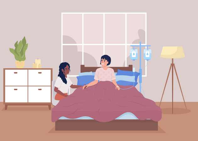 Mujer visitando a un amigo enfermo  Ilustración