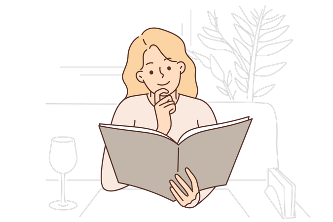 Mujer visitante del restaurante lee el menú sentado a la mesa con copa de vino vacía  Ilustración