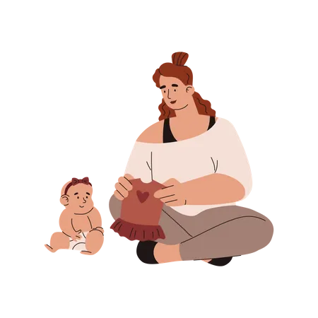 Mujer vistiendo a bebé con lindo vestido  Ilustración
