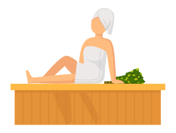 Mujer vistiendo una toalla de baño sentada en un banco de madera en una sauna de vapor caliente  Ilustración
