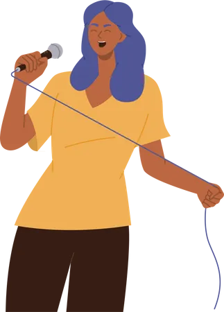 Personaje De Dibujos Animados De Vocalista Mujer Expresiva Cantando En El Microfono Sosteniendo En Las Manos Ilustracion Vectorial Aislada Sobre Fondo Blanco Joven Y Talentoso Cantante De Karaoke Interpretando Una Cancion Con Letra De Estilo Pop Ilustración