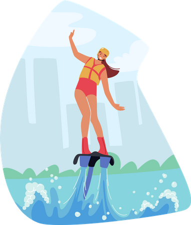 Mujer volando en flyboard  Ilustración