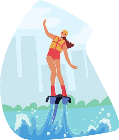 Mujer volando en flyboard  Ilustración