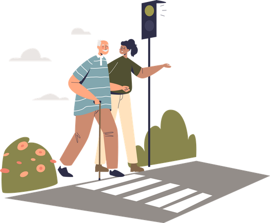 Voluntaria ayudando a un anciano en el paso de peatones  Ilustración