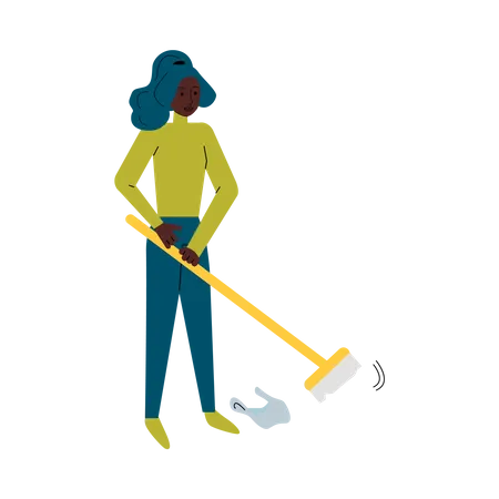 Mujer voluntaria barriendo basura  Ilustración