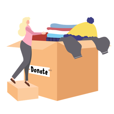 Mujer voluntaria donando ropa en una gran caja de donaciones  Ilustración