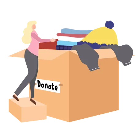 Mujer voluntaria donando ropa en una gran caja de donaciones  Ilustración