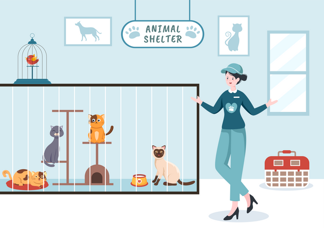 Mujer voluntaria en refugio de animales  Ilustración