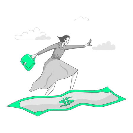 Mujer vuela con un billete de dinero a la oficina  Ilustración