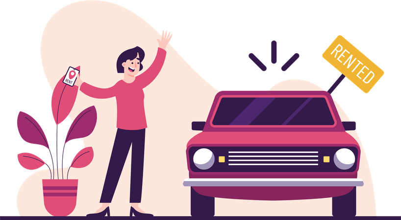 Mujer y alquiler de coches.  Ilustración