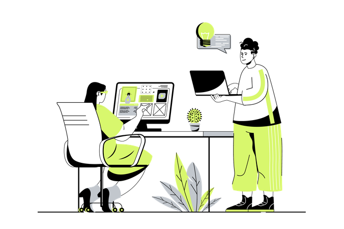 Mujer y hombre creando diseños de sitios web y dibujando elementos gráficos  Illustration