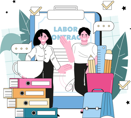 Mujer y hombre dando contrato laboral  Ilustración