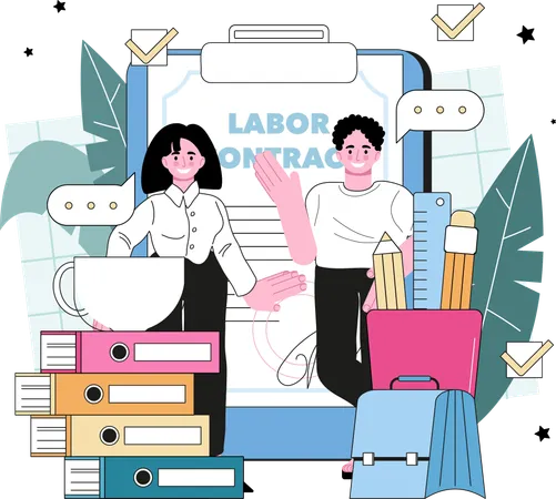 Mujer y hombre dando contrato laboral  Ilustración