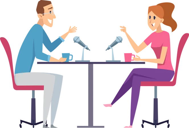 Mujer y hombre en Podcast Studio  Ilustración