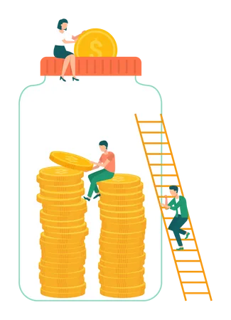 Mujer y hombre ponen dólar en frasco  Ilustración