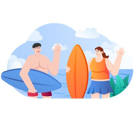 Mujer y hombre surfeando en vacaciones de verano  Ilustración