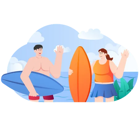 Mujer y hombre surfeando en vacaciones de verano  Ilustración