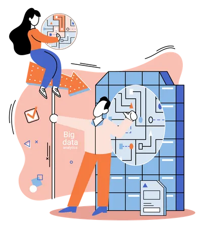 Mujer y hombre trabajan en análisis de Big data  Ilustración