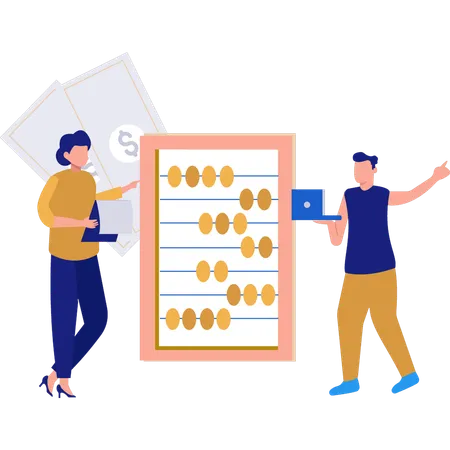 Mujer y hombre trabajando en ábaco para negocios financieros  Ilustración