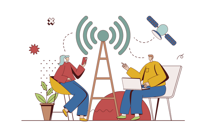 Mujer y hombre que utilizan un punto de acceso wifi para obtener acceso a Internet desde un teléfono inteligente  Ilustración