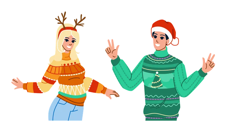 Mujer y hombre vistiendo tela navideña  Ilustración