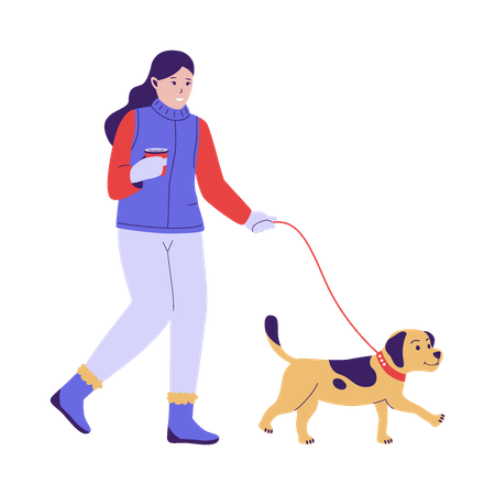 Mujer y mascota en temporada de invierno.  Ilustración