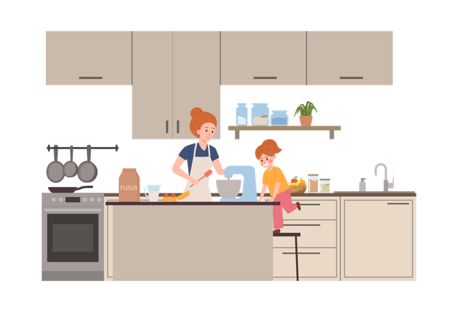 Mujer y niña en la cocina hornean pastel y baten ingredientes en la batidora  Ilustración