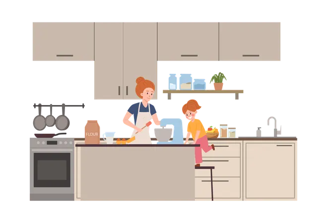 Mujer y niña en la cocina hornean pastel y baten ingredientes en la batidora  Ilustración