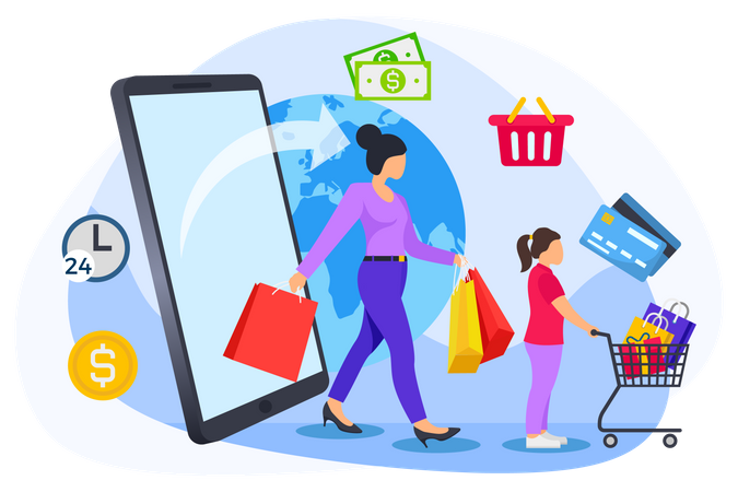 Mujer y niña haciendo compras en línea  Ilustración
