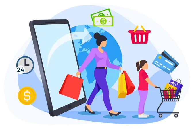 Mujer y niña haciendo compras en línea  Ilustración