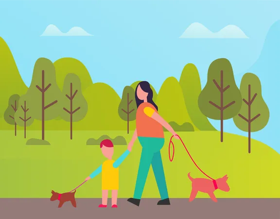 Mujer y niño caminando con mascota.  Ilustración