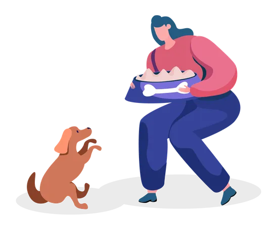 Mujer sentada con las patas hacia arriba yendo a alimentar al perro  Ilustración