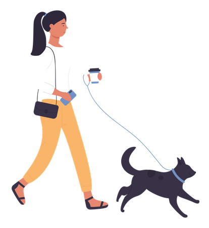 Mujer yendo con perro  Ilustración