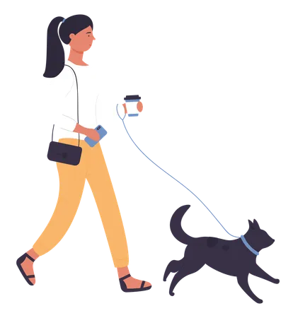 Mujer yendo con perro  Ilustración