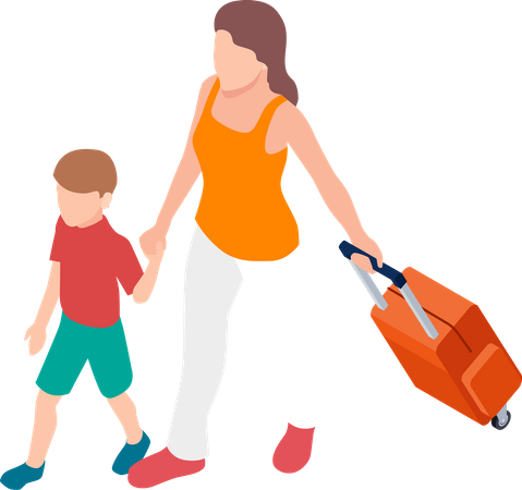 Mujer saliendo de vuelo con su hijo  Ilustración