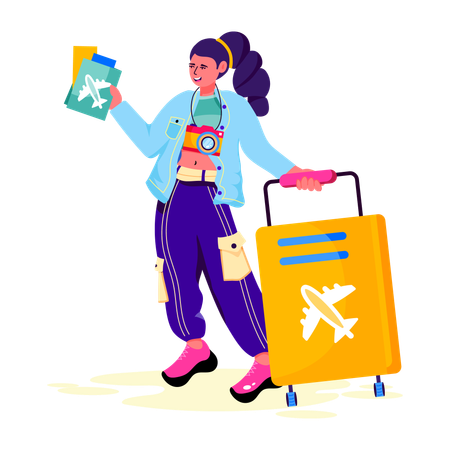 Mujer yendo a viajar en avión  Ilustración