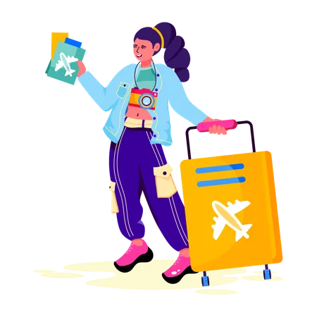 Mujer yendo a viajar en avión  Ilustración