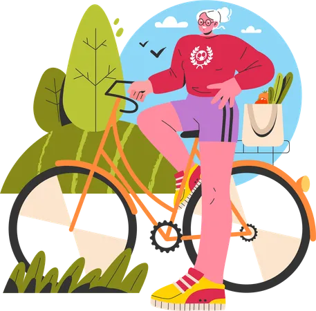 Mujer yendo en bicicleta a comprar verduras  Ilustración