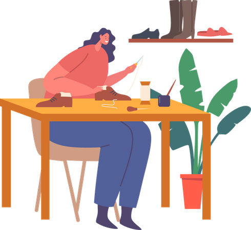 Mujer zapatera sentada en el lugar de trabajo crear calzado hecho a mano  Illustration