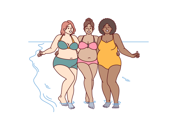 Mujeres alegres de talla grande vestidas con traje de baño abrazadas en una playa soleada cerca del agua del mar  Ilustración