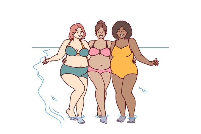 Mujeres alegres de talla grande vestidas con traje de baño abrazadas en una playa soleada cerca del agua del mar  Ilustración