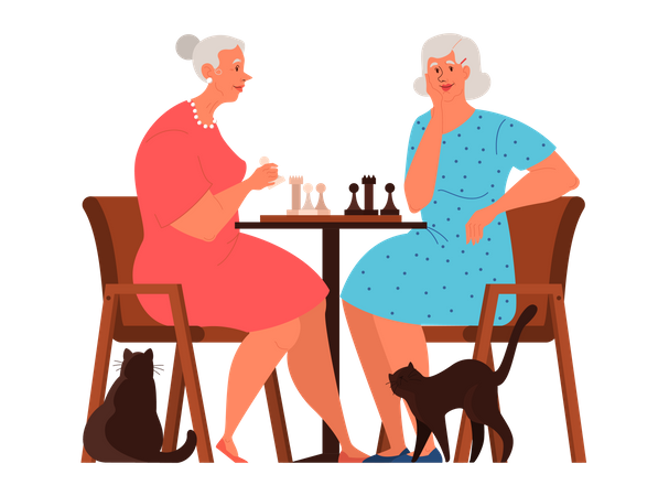 Mujeres mayores sentadas a la mesa con tablero de ajedrez  Ilustración