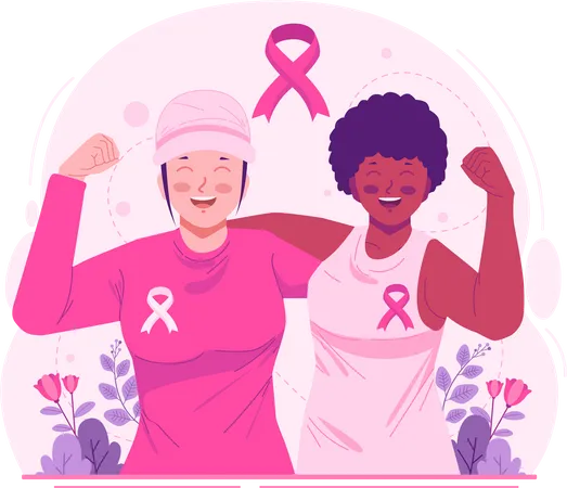 Mes De La Conciencia Del Cancer De Mama Mujeres Con Lazos Rosas Como Preocupacion Y Apoyo A Las Mujeres Con Cancer De Mama Ilustración