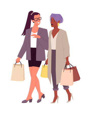 Mujeres caminando con bolsas de compras  Ilustración