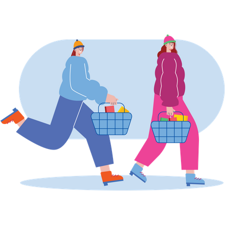 Mujeres caminando con cesta de compras  Illustration