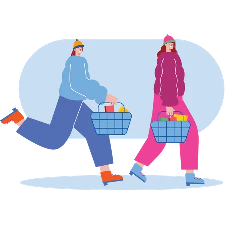 Mujeres caminando con cesta de compras  Illustration